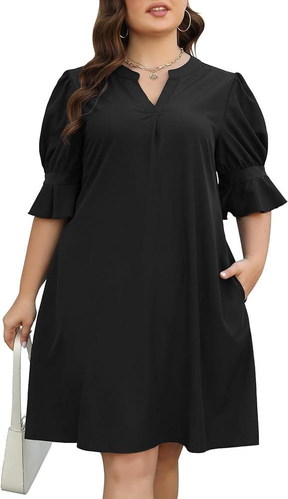 Celkuser Plus Size Summer Shirt Dress for Women Casual Ruffled Sleeves Loose Dress with Pockets L... | Amazon (US)