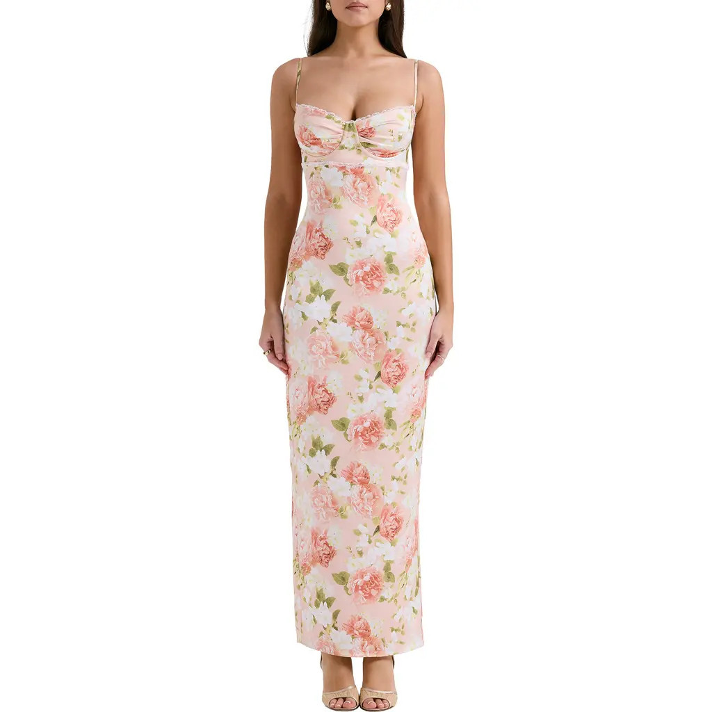 HOUSE OF CB Josefina Floral Bustier Bodice Stretch Satin Body-Con Dress in Peony Print at Nordstr... | Nordstrom