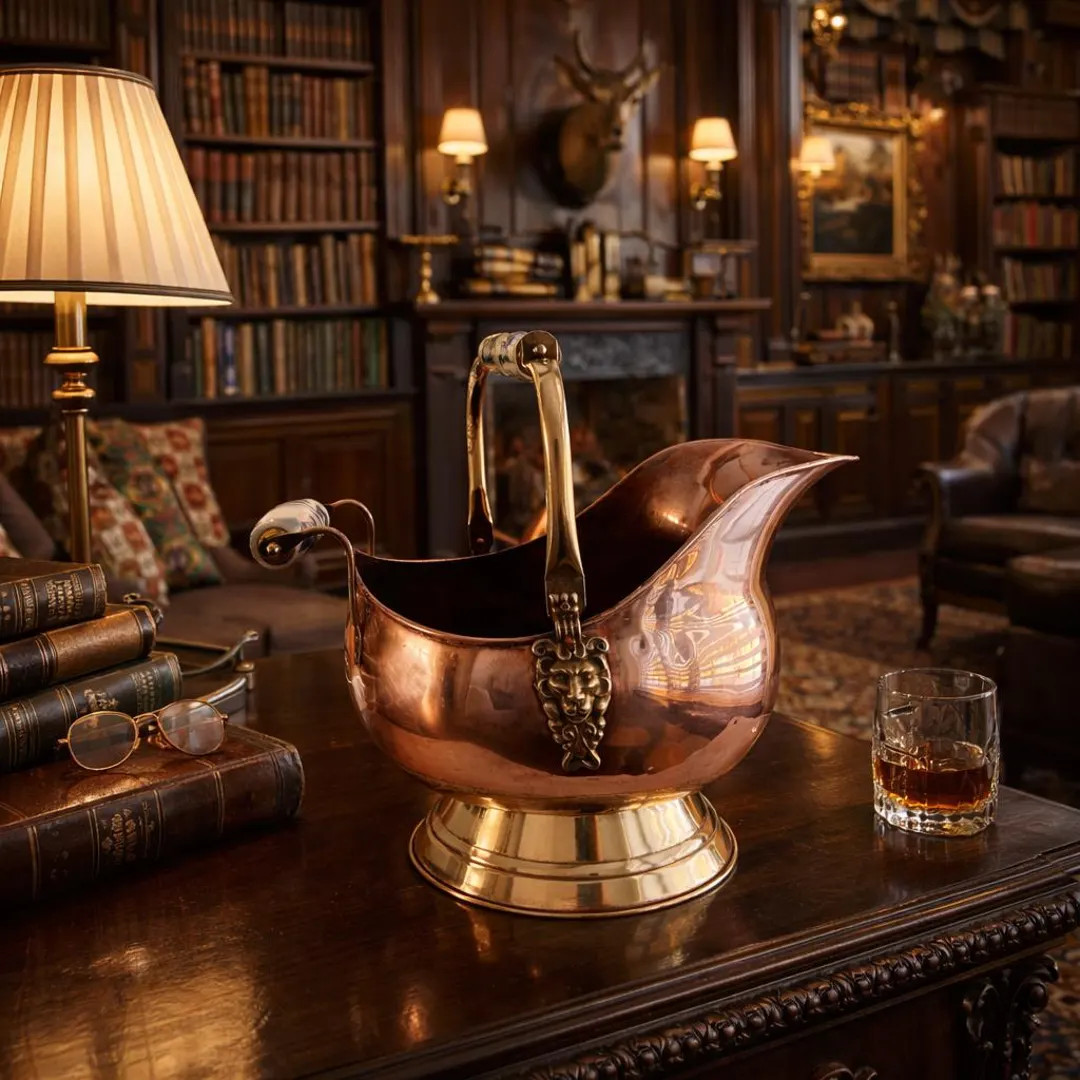 Vintage Copper Coal Scuttle, Brass Base, Ceramic Handles, Old World Fireplace Decor | Etsy (US)