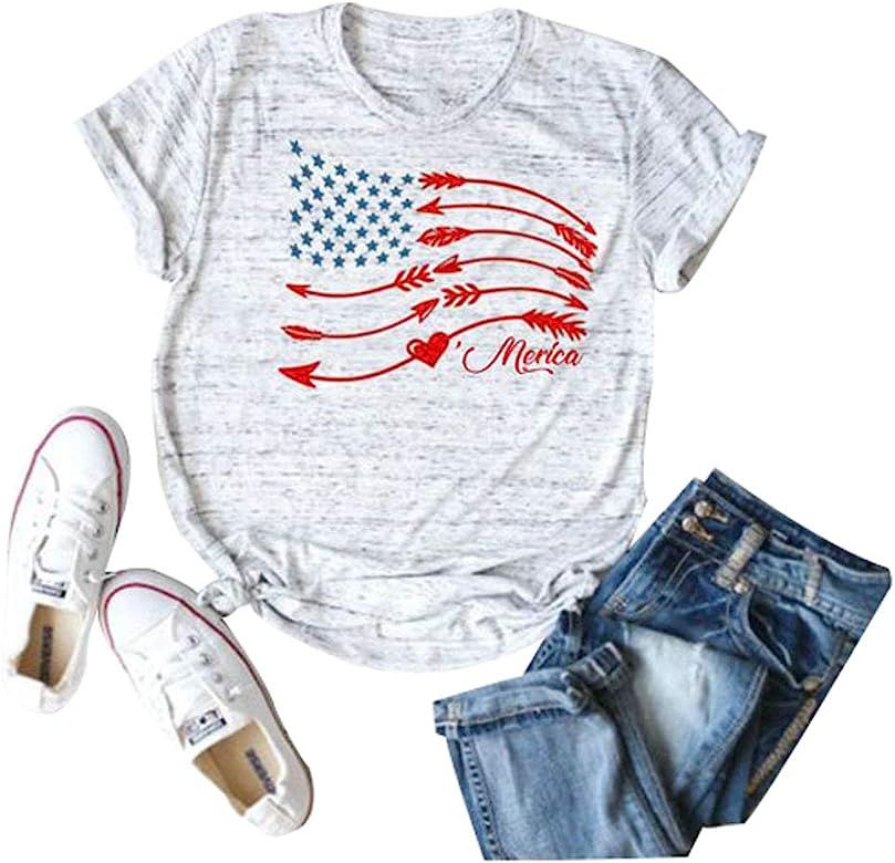 4th of July T-Shirt Women Baseball Graphic American Flag Summer Short Sleeve Tee Tops | Amazon (US)