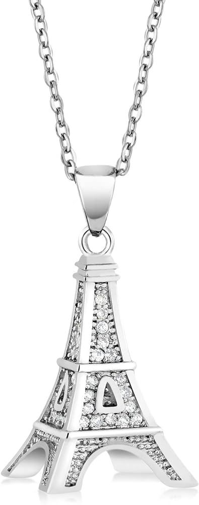 Gem Stone King France Eiffel Tower Pendant Necklace for Women | White Zirconia Set in 925 Sterlin... | Amazon (US)
