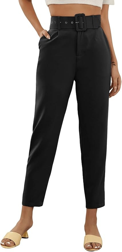 SweatyRocks Women's High Waist Suit Pants Belted Crop Pencil Pants with Pockets | Amazon (US)
