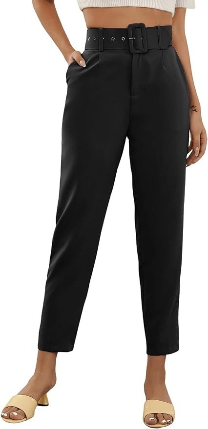 SweatyRocks Women's High Waist Suit Pants Belted Crop Pencil Pants with Pockets | Amazon (US)