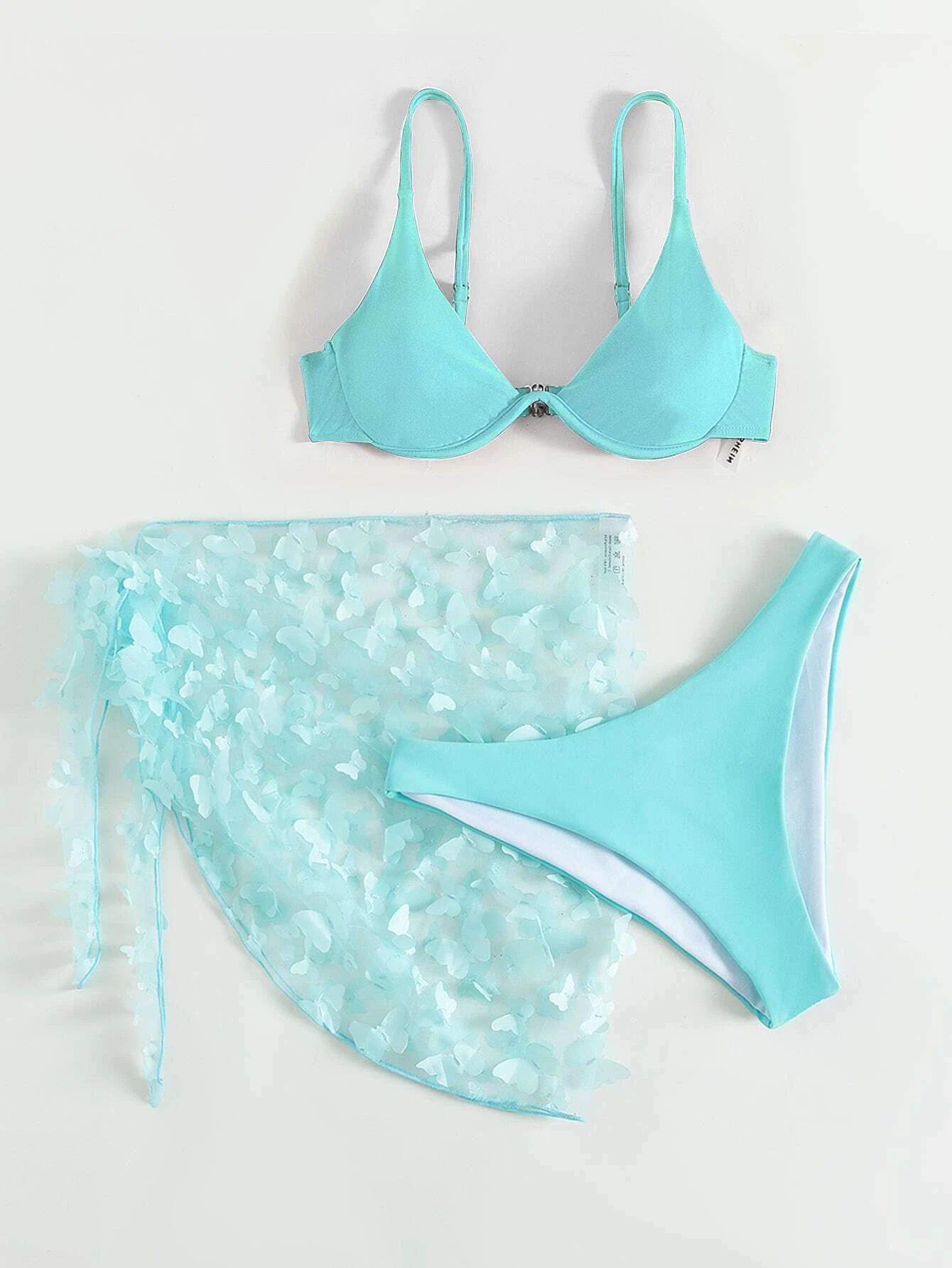 3pack Butterfly Appliques Underwire Bikini Swimsuit & Beach Skirt | SHEIN