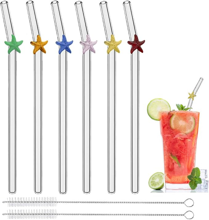 Reusable Glass Straws with Charms, 7.9'' x 8mm Cute Clear Drinking Straws for Smoothies, Coffee, ... | Amazon (US)