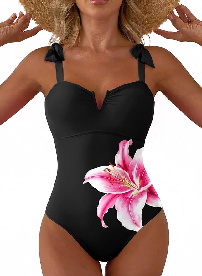 Aleumdr Women's One Piece Swimsuits Tummy Control Bathing Suits V Neck Boho Tie Shoulder Ruched F... | Amazon (US)