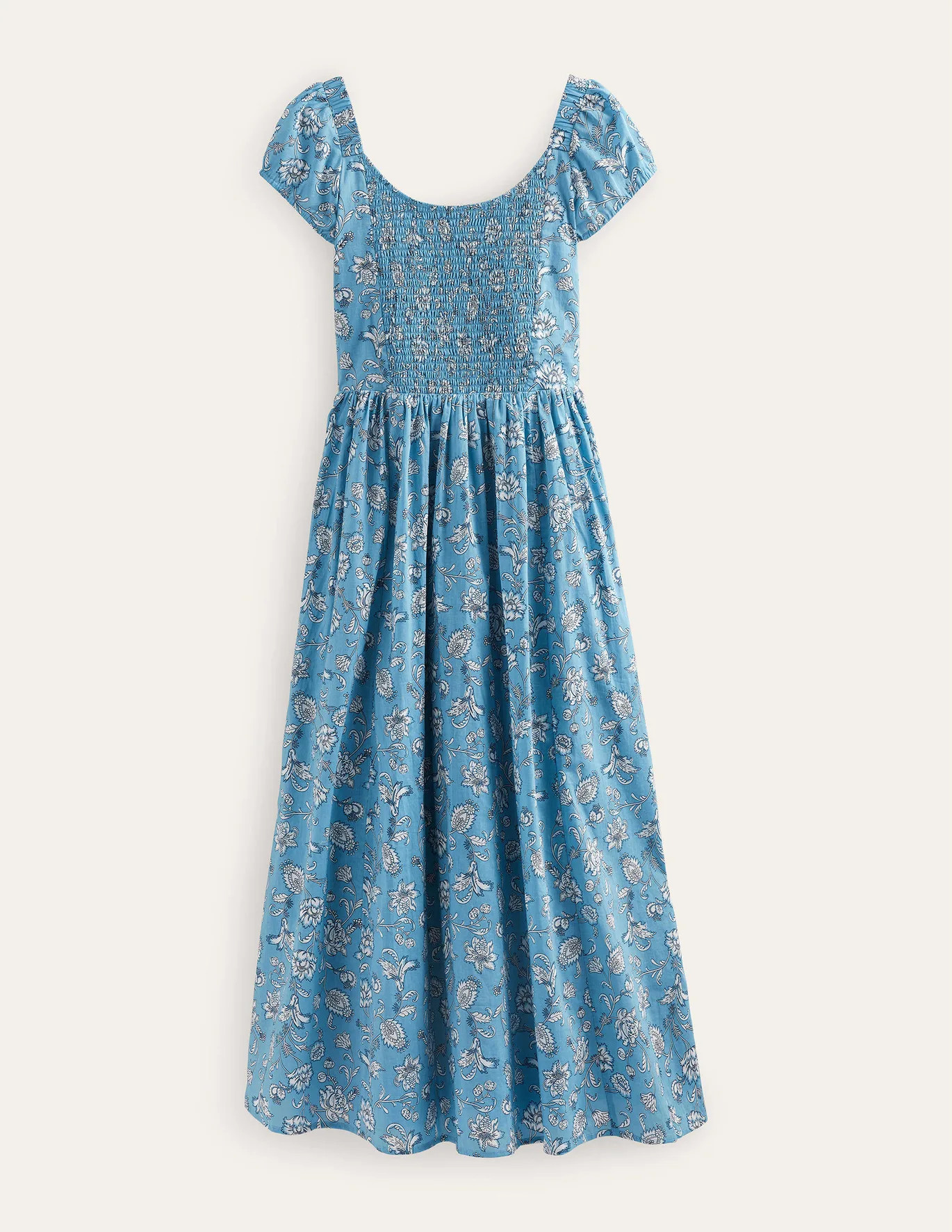 Scoop-Neck Smocked Midi Dress - Delphinium Blue, Meadow Fall | Boden (UK & IE)