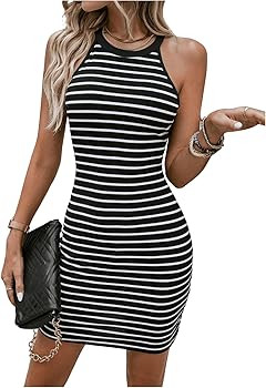 Verdusa Women's Summer Dress Rib Knit Striped Print Halter Neck Bodycon Mini Dress | Amazon (US)