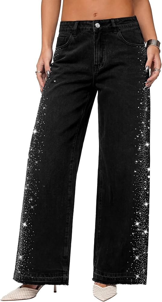EMMIOL Rhinestone Wide Leg Jeans for Women High Waisted Baggy Jeans with Bling Glitter Sparkly St... | Amazon (US)