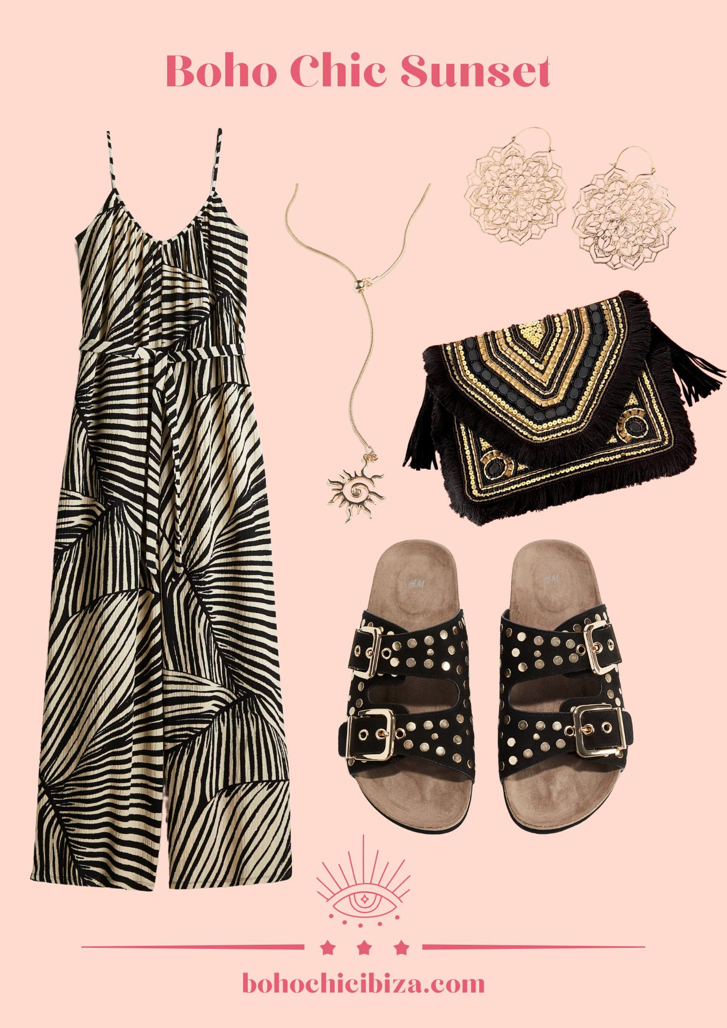 Boho Chic Sunset ☾𖤓
- Jumpsuit with self-tie belt
- Studded sandals
- Necklace with Pendant
- Boho Mandala Earrings
- Party Clutch Bag 

 #LTKsummer #LTKfestival #LTKstyletip
