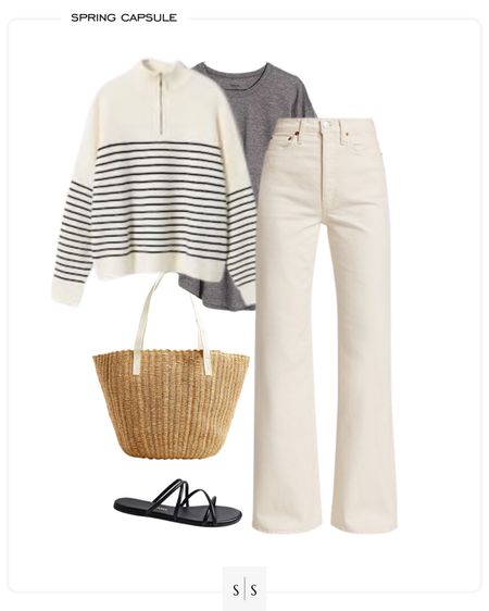 Spring capsule outfit idea | white denim, wide leg jean, tote, striped sweater, basic tee, Summer sandals. See entire 2023 Spring capsule + more style ideas on thesarahstories.com ✨ 

#LTKstyletip #LTKFind
