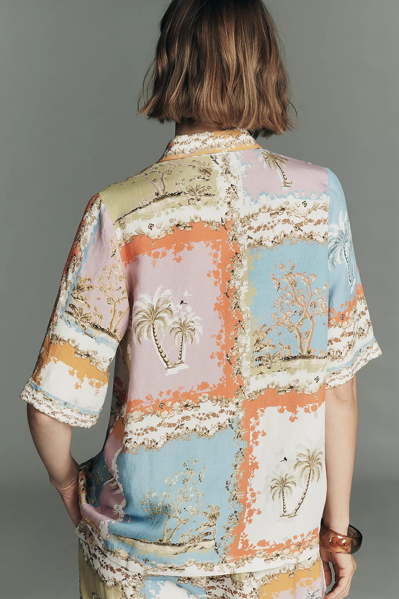Ranna Gill Tropical Print Linen Collared Blouse | Anthropologie (US)