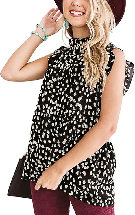 Angashion Women's Tops Casual Floral Print Cap Sleeve Ruffle Neck Loose Babydoll Shirt Blouse Tun... | Amazon (US)