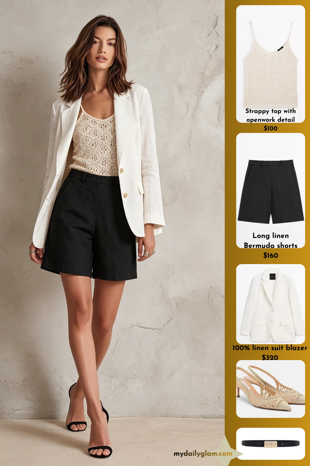 Summer Neutral Three Piece Linen Outfit White Blazer Crochet Knit Cami & High Waist Black Linen Shorts

#SummerLinenOutfit #MinimalFashion #CapsuleWardrobe
 

 #LTKootd #LTKOver40 #LTKWorkwear