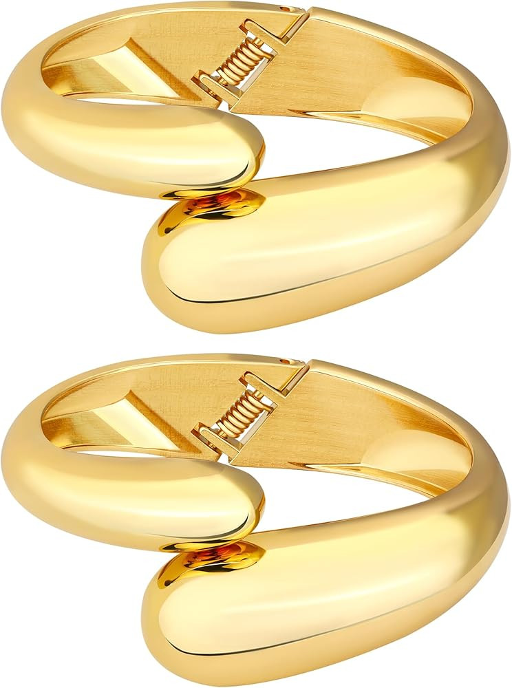 2PCS Chunky Gold Cuff Bangle Bracelets Stack for Women Non Tarnish Trendy, 14K Gold Plated Irregu... | Amazon (US)