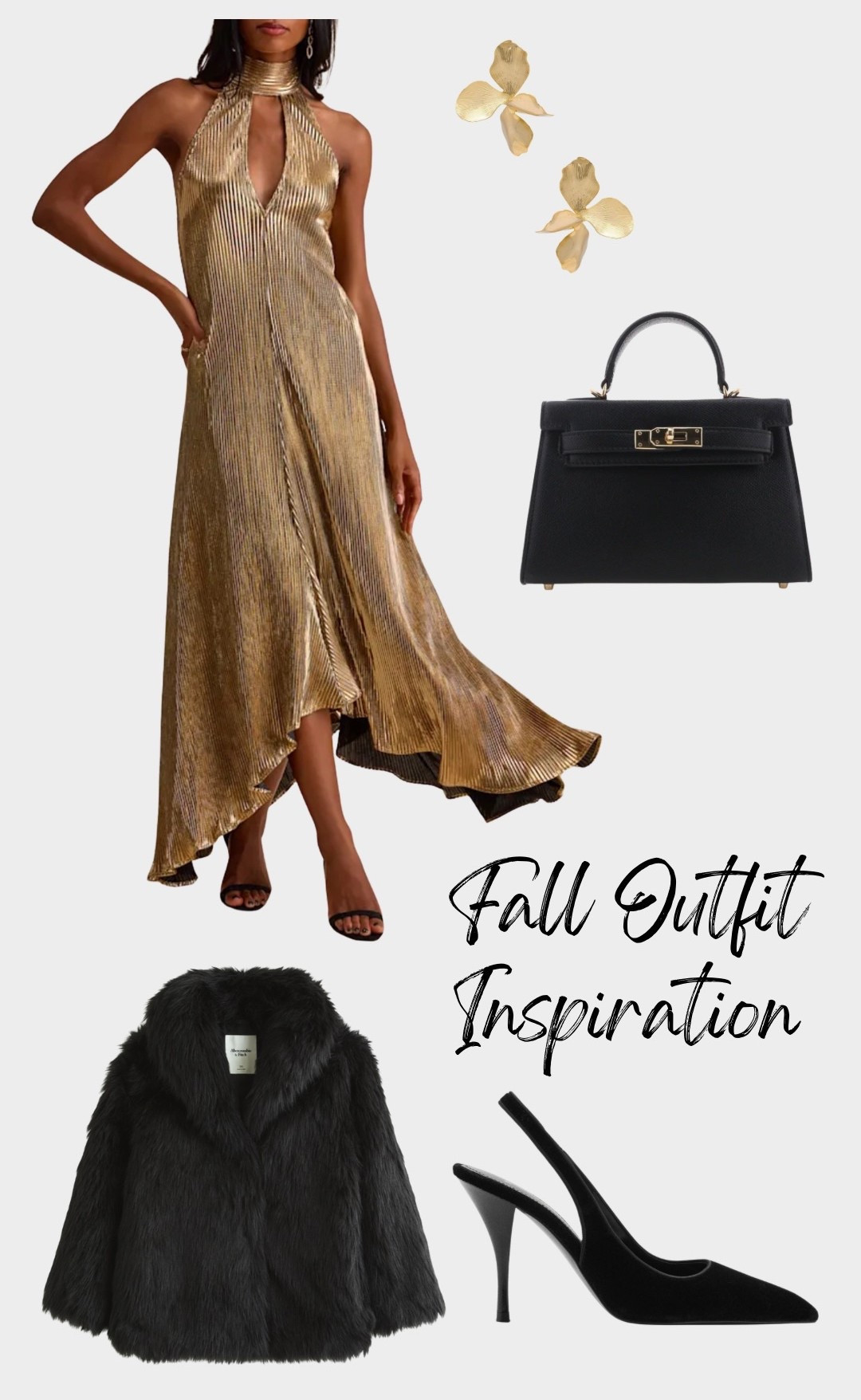 Metallic dress, wedding guest dress, fall wedding guest, black faux fur coat, black handbag, black heels, gold statement earrings, gold earrings, black handbag, black purse, pleated dress, gold dress, maxi dress, midi dresss, fall outfit inspiration • fall fashion • gold dress outfit • black faux fur jacket • elegant fall outfit • holiday party outfit • evening look • fall wedding guest dress • glam style • chic fall style • date night outfit • fall fashion trends 2025 • metallic dress • black heels outfit • luxury fashion inspo • autumn style ideas • night out outfit • fall style guide • classy fall outfit • statement earrings style

#LTKStyleTip #LTKOver40 #LTKSeasonal