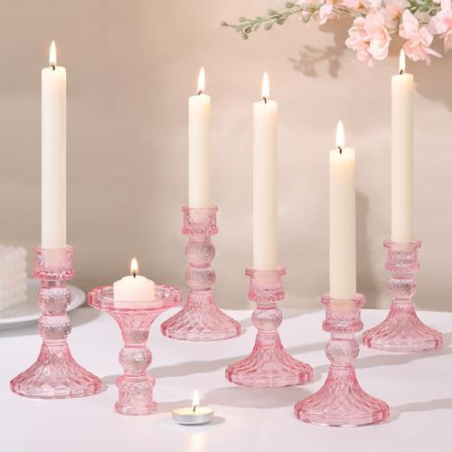 DARJEN Pink Glass Candlestick Holders Set of 6, 4" H & 5" H Taper Candle Holders for Candlesticks... | Amazon (US)