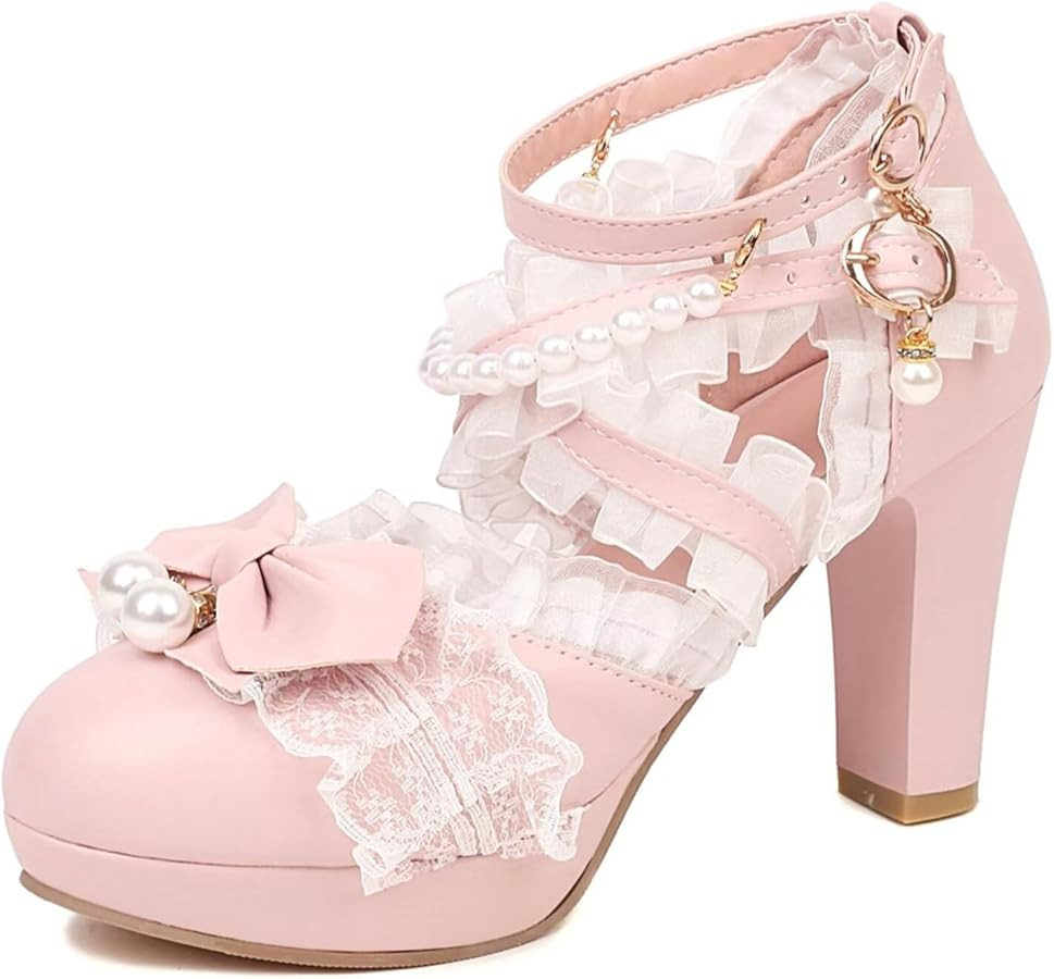 Kawii Shoes Bow Pearl Heels Lolita Platform Heels for Women Lace Cute Mary Janes Pumps | Amazon (US)