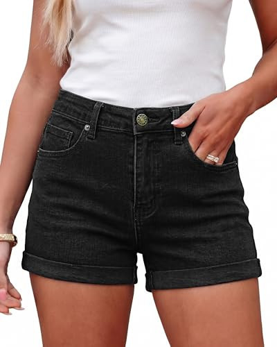 LookbookStore Women's Black Denim Shorts - Casual Summer Cuffed Jean Shorts Size 12/14 | Amazon (US)