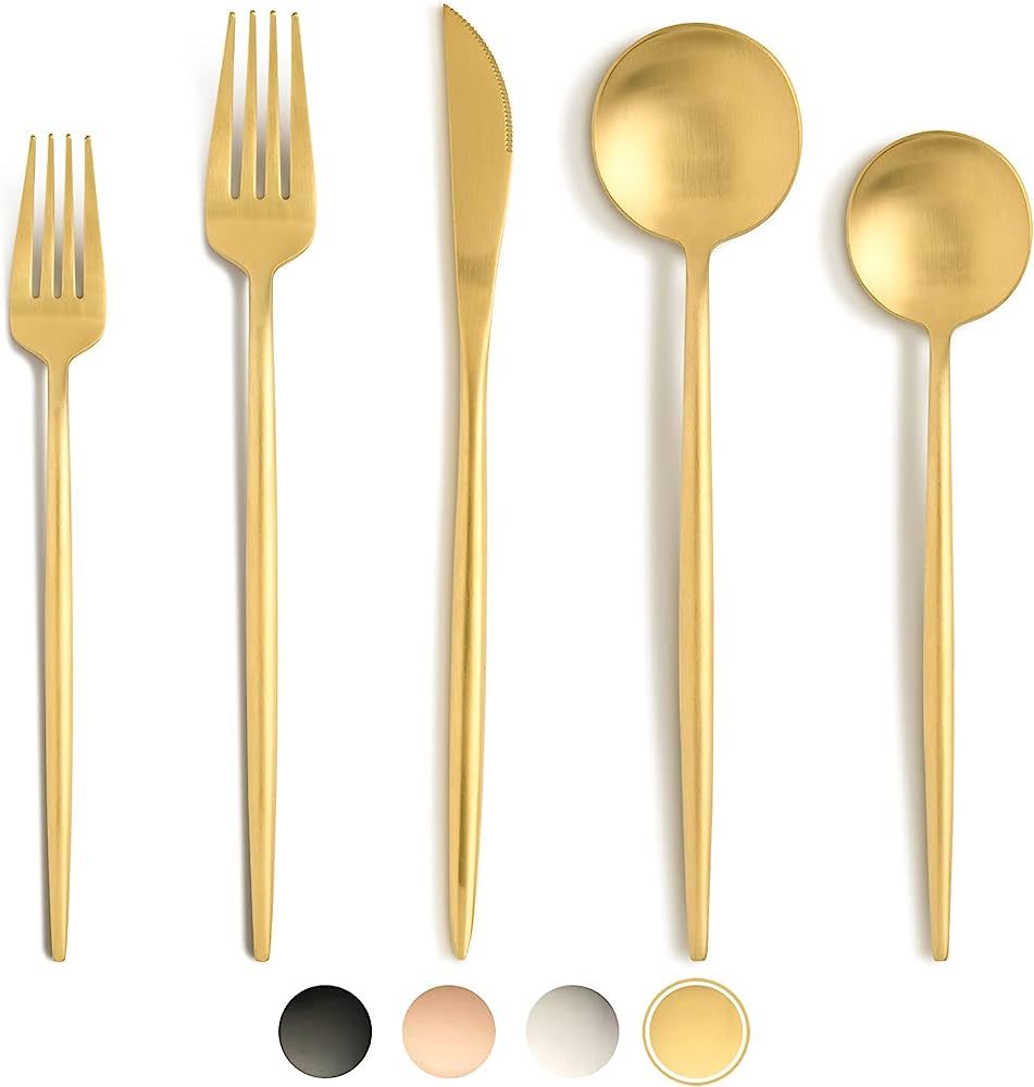 BirdyFly Gold Silverware Set, 20 Piece Stainless Steel Flatware Set Service for 4, Matte Gold Cut... | Amazon (US)