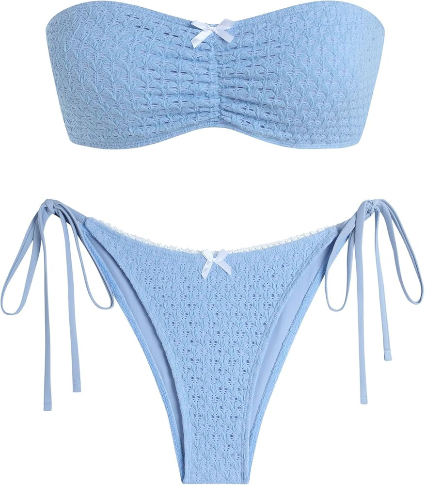 ZAFUL Bikini Sets for Women Strapless Ruched Bow Lace Trim Bandeau Swimsuit 2 Pieces Bathing Suit... | Amazon (US)