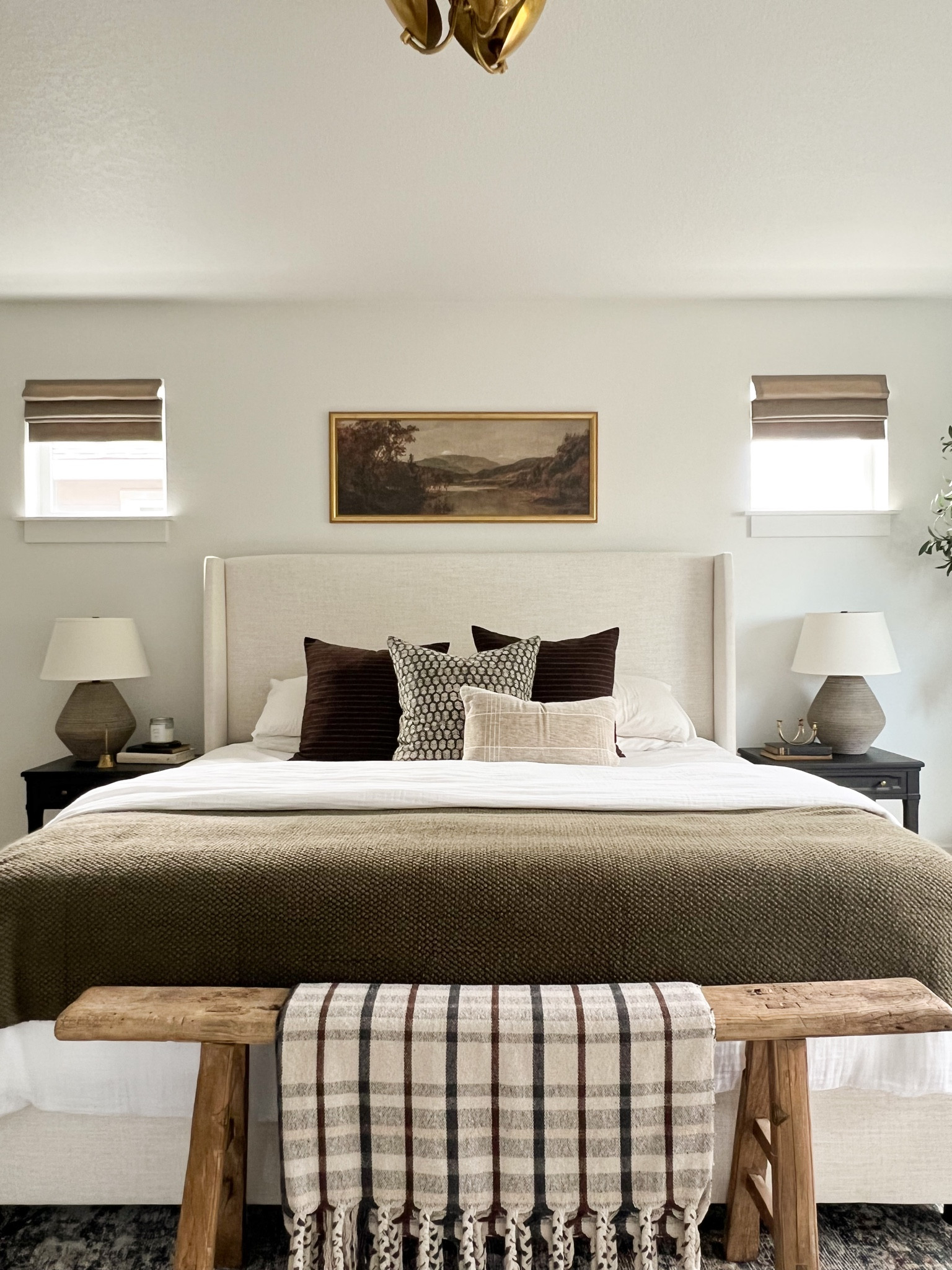 Bedroom design, bed frame, art print, lamps, bedding, vintage bench, throw pillows  

#LTKhome #LTKSeasonal