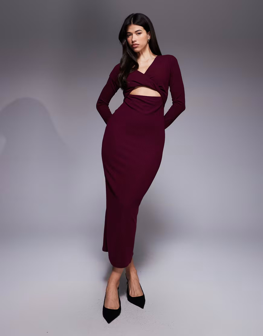 ASOS DESIGN knot detail rib midi dress in wine-Purple | ASOS (Global)