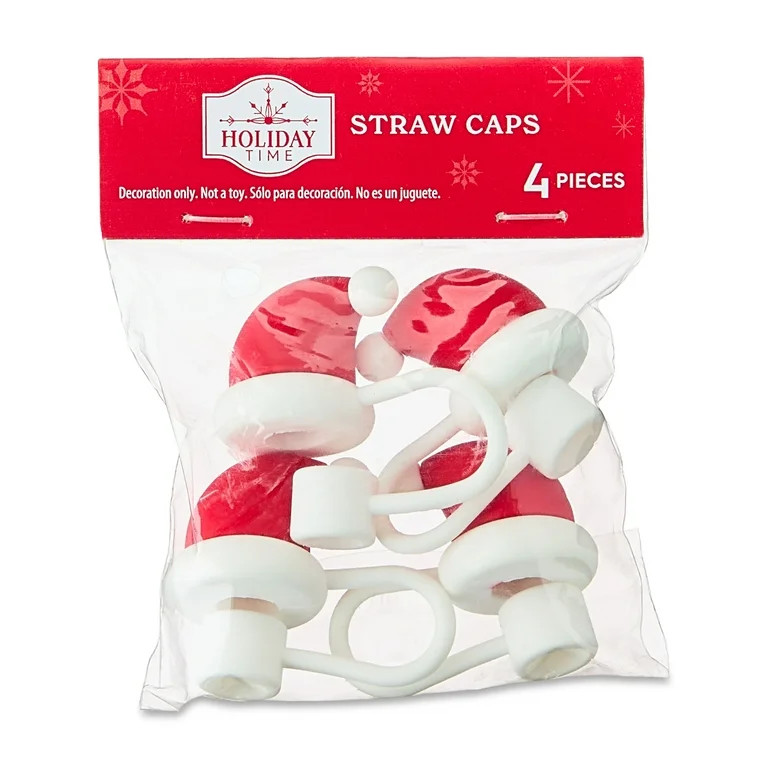 Santa Hat Silicone Straw Toppers, Red and White, 4 Count, by Holiday Time | Walmart (US)