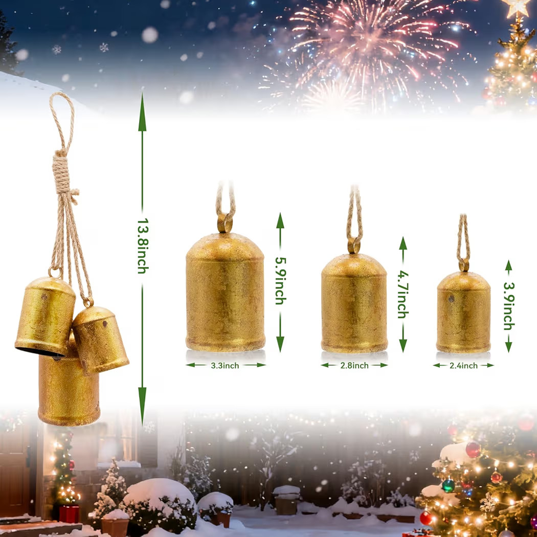 Christmas Bells for Decoration, Decorative Bells, Set of 3 Harmony Cow Bells, Metal Vintage Handm... | Amazon (US)