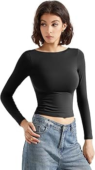 SUUKSESS Women Backless Going Out Tops Double Lined Open Back Basic Long Sleeve | Amazon (US)