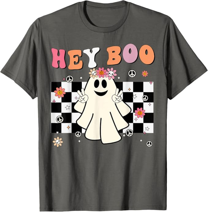 Funny Halloween Hey Boo Cute Ghost Groovy Teen Girl Women T-Shirt | Amazon (US)