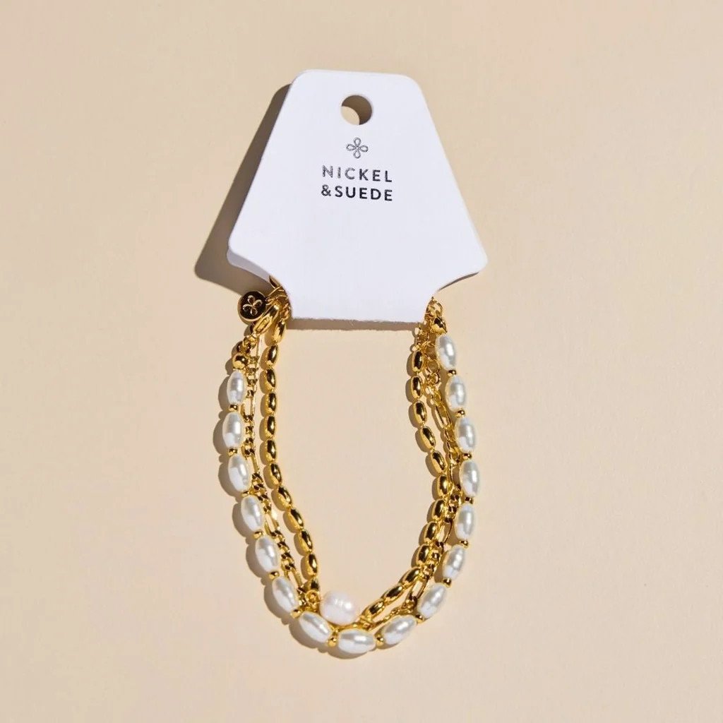 Gold Pearl Bracelet Stack Set | Nickel and Suede