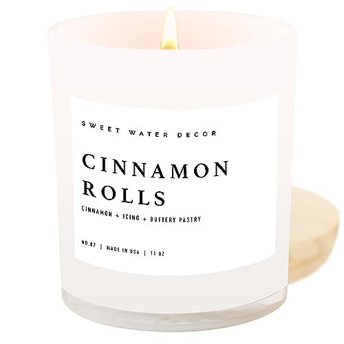 Sweet Water Decor Cinnamon Roll Candle - Cinnamon, Icing, Buttery Pastry Cinnamon Scented Candles for Fall - 11oz White Jar and Wood Lid, 50+ Hour Burn Time, Made in the USA | Amazon (US)