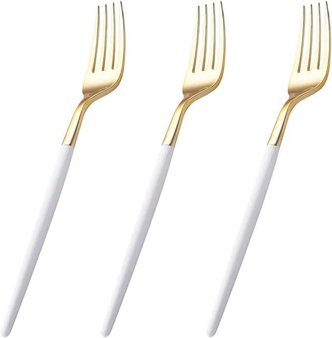 I00000 144 Plastic Forks, Disposable Flatware with White Handle, Look Like Gold Cutlery for Party... | Amazon (US)