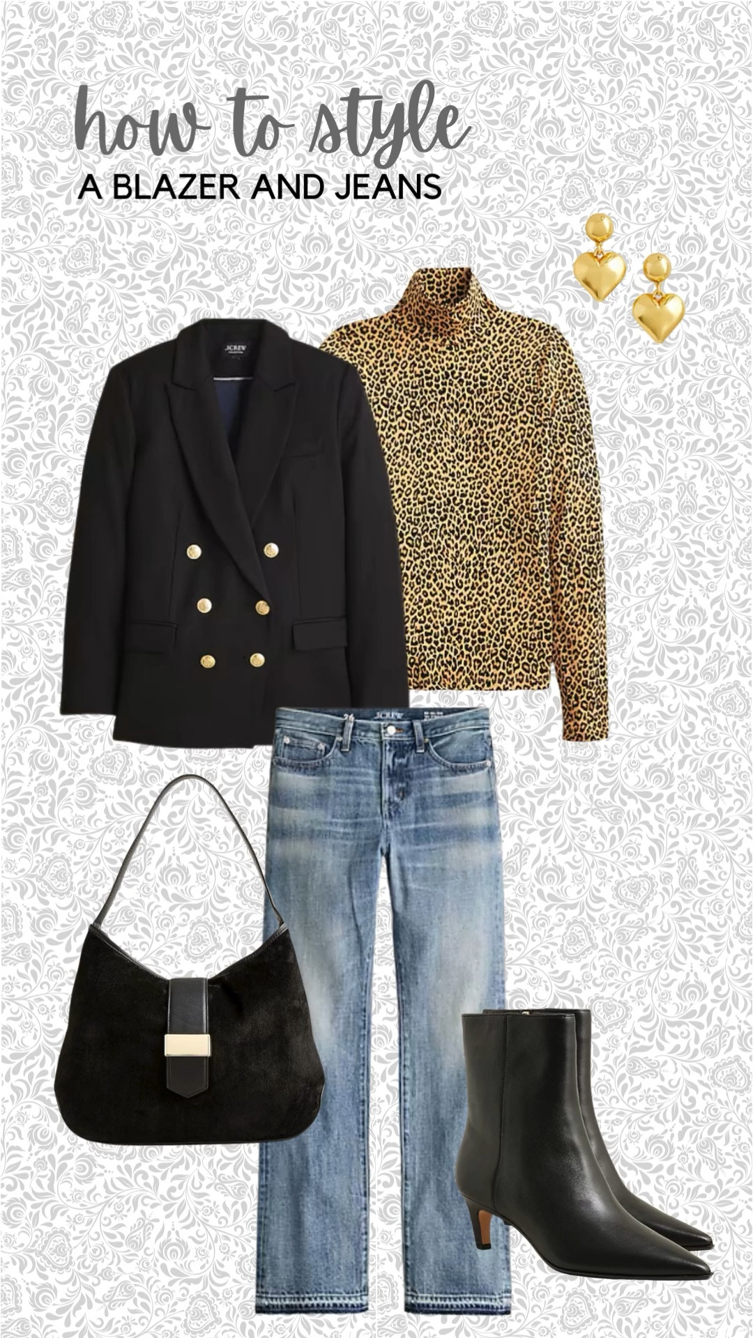 This classic office outfit can be worn to work, dinner out, a wine tasting, or even Sunday brunch. It’s comfortable, chic, and pulled-together. Start with a gold button double breasted blazer and wear it over a tissue weight turtleneck. Pair it with straight-leg jeans, black booties, a suede bag, and gold earrings.


#LTKStyleTip #LTKItBag #LTKWorkwear