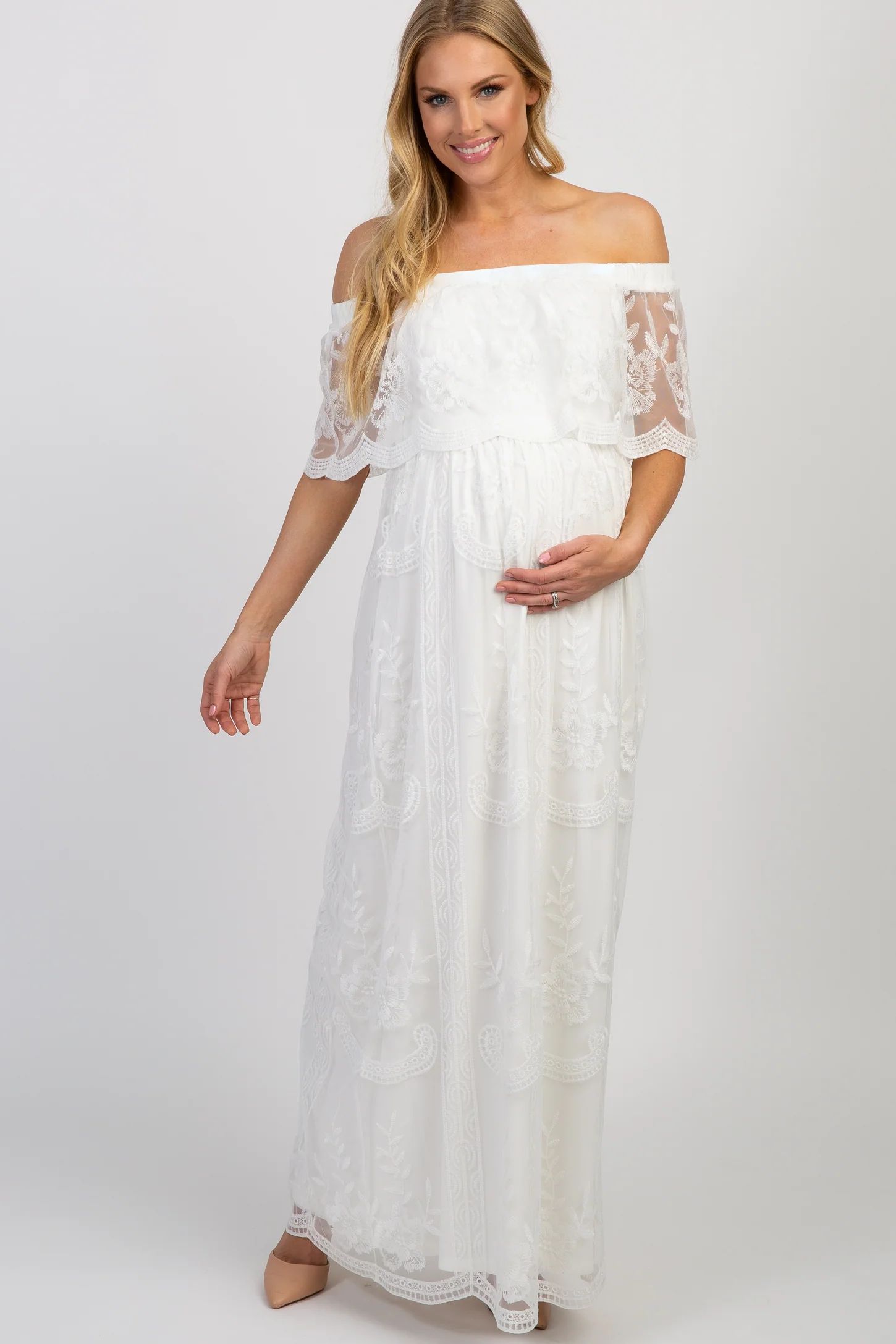 White Lace Mesh Overlay Off Shoulder Maternity Maxi Dress | PinkBlush Maternity