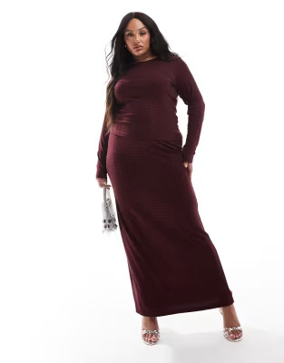 4th & Reckless Plus all over hotfix long sleeve top and maxi skirt co-ord in burgundy | ASOS (Global)