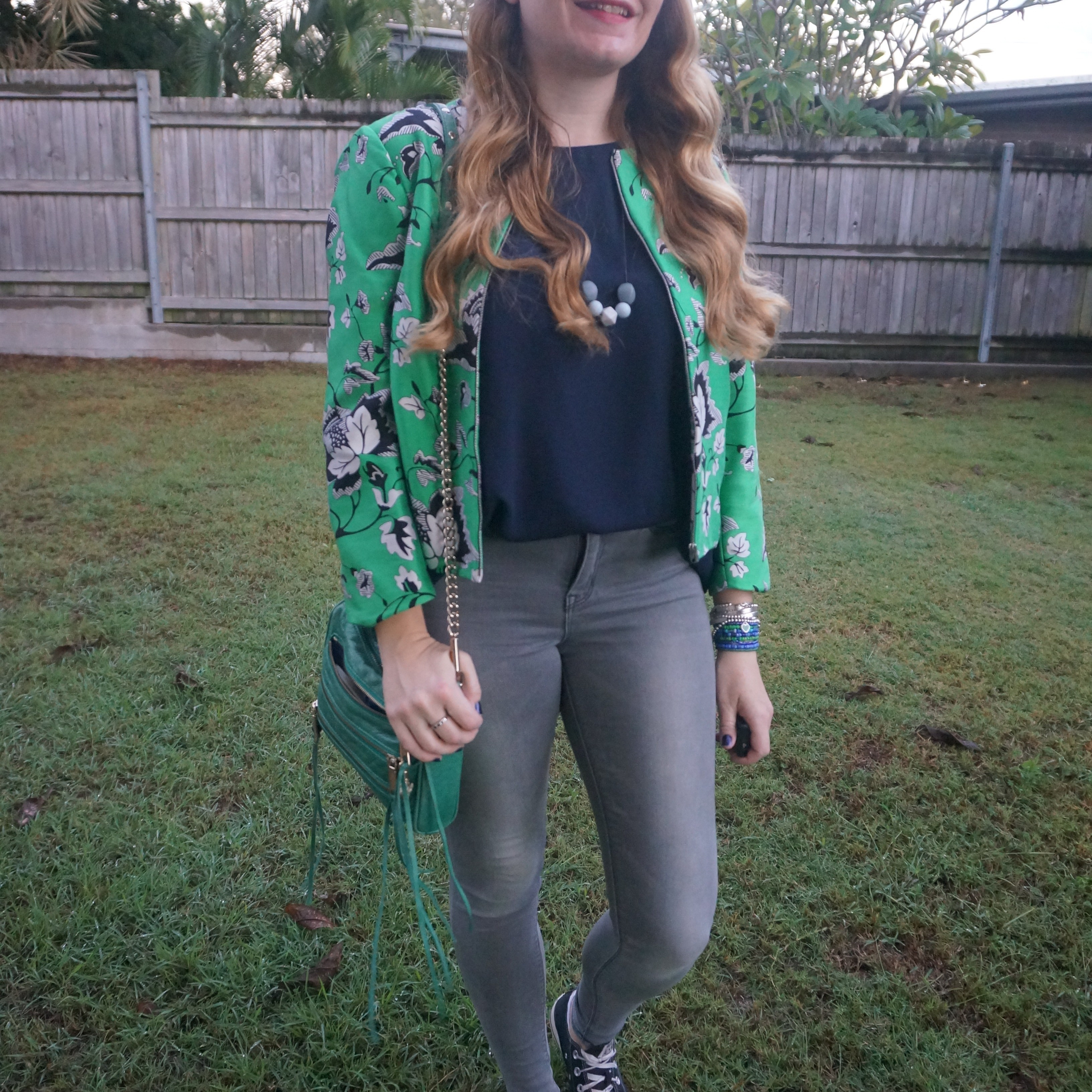 Diane Von Furstenberg floral jacket with Target navy blouse, Jeanswest grey skinny jeans, black Converse and green Rebecca Minkoff mini 5-zip bag 💚

#LTKaustralia #LTKbag #LTKworkwear
