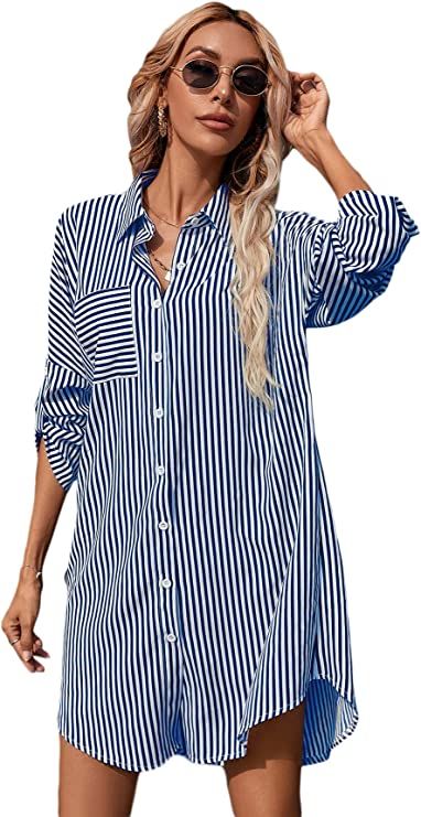 Romwe Women's Striped Button Up Shirts Rolled Long Sleeve Collar Tunic Tops Blouses | Amazon (US)