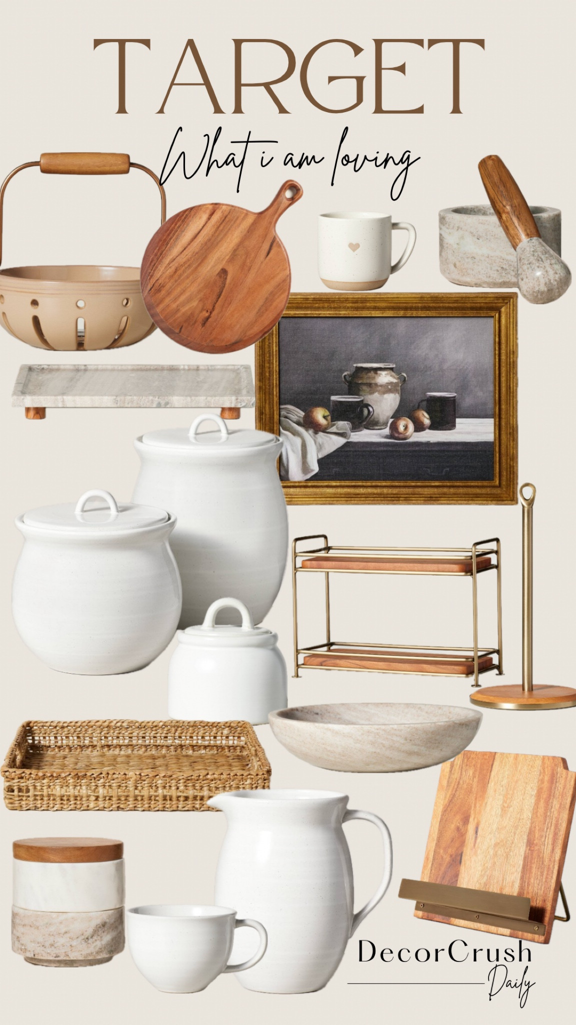 What I'm loving from Target!
Target kitchen finds, artwork, cookbook holder, gold paper towel holder, Berry bowl, marble decor, coffee mug, fruit bowl, kitchen utensils holder, stoneware canister, brass serving stand, stoneware pitcher, stoneware mug, marble tray, marble salt & pepper cellar, wooden paddle board, marble & wood mortar and pestle

#LTKfindsunder50 #LTKhome #LTKSeasonal