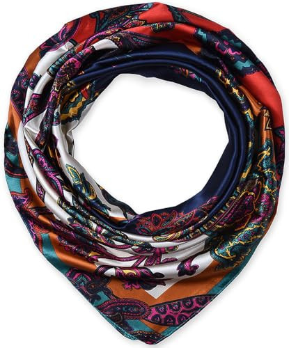 corciova Designer Satin Women Big Square Neck Scarf Headscarf Ethnic Floral Navy Curly Headband Tie Sleeping at Night Fashion | Amazon (US)