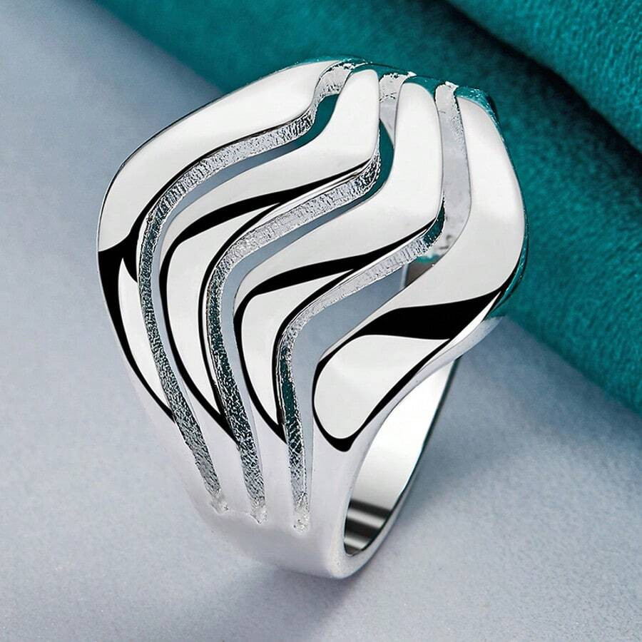 925 Silver Plated Wavy Smooth 7-10# Ring For Women Wedding Engagement Fashion Charm Jewelry | SHEIN