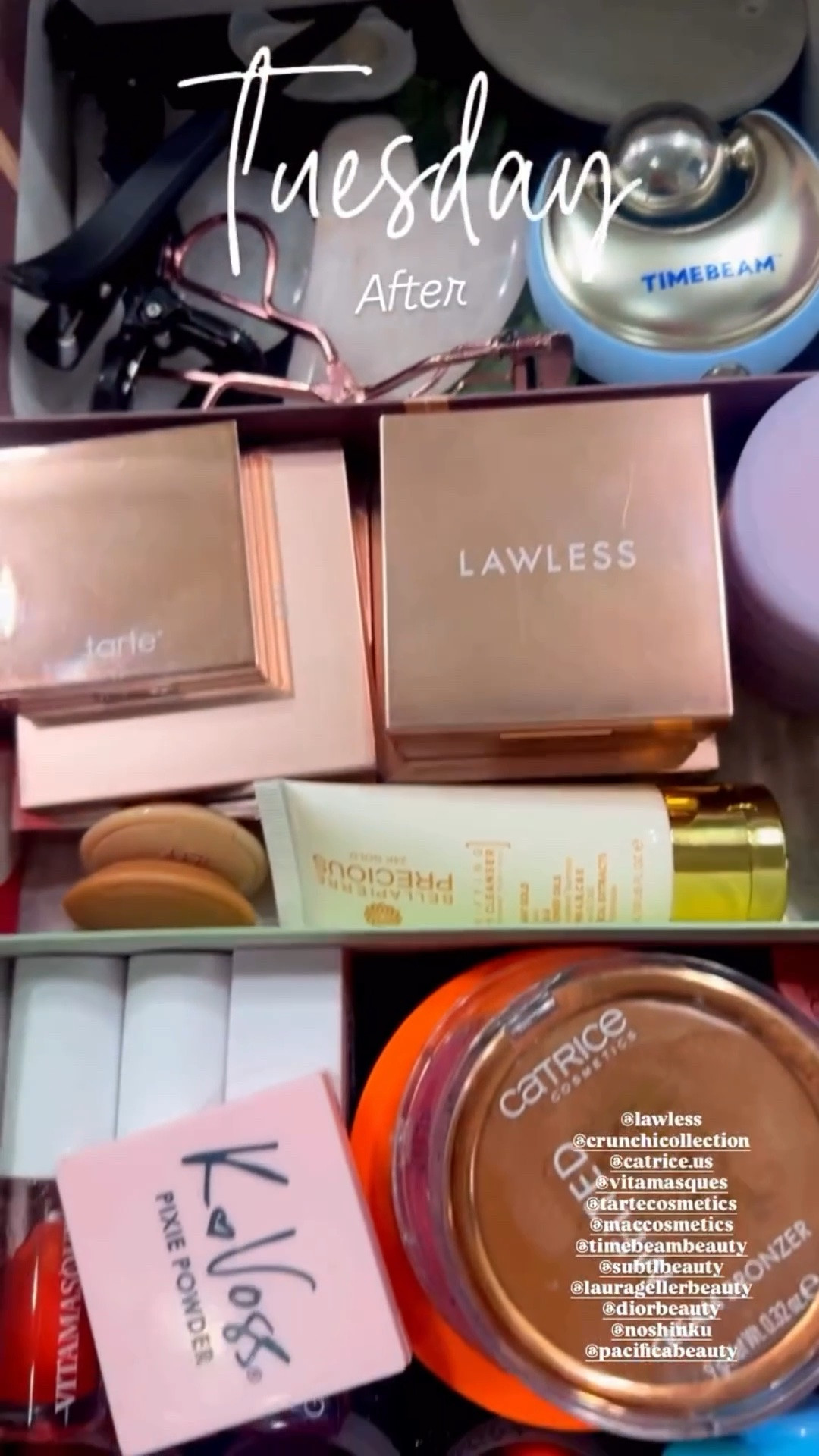 Believe it or not, I’m using my birchboxes as containers ;) @lawless
@crunchicollection 
@catrice.us 
@vitamasques 
@tartecosmetics 
@maccosmetics 
@timebeambeauty 
@subtlbeauty 
@lauragellerbeauty 
@diorbeauty 
@noshinku 
@pacificabeauty  After