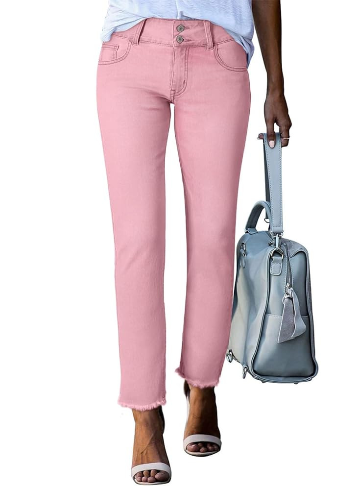 Sidefeel Women's High Waisted Jeans Strechy Fashion Raw Hem Straight Leg Ankle Denim Pants with P... | Amazon (US)