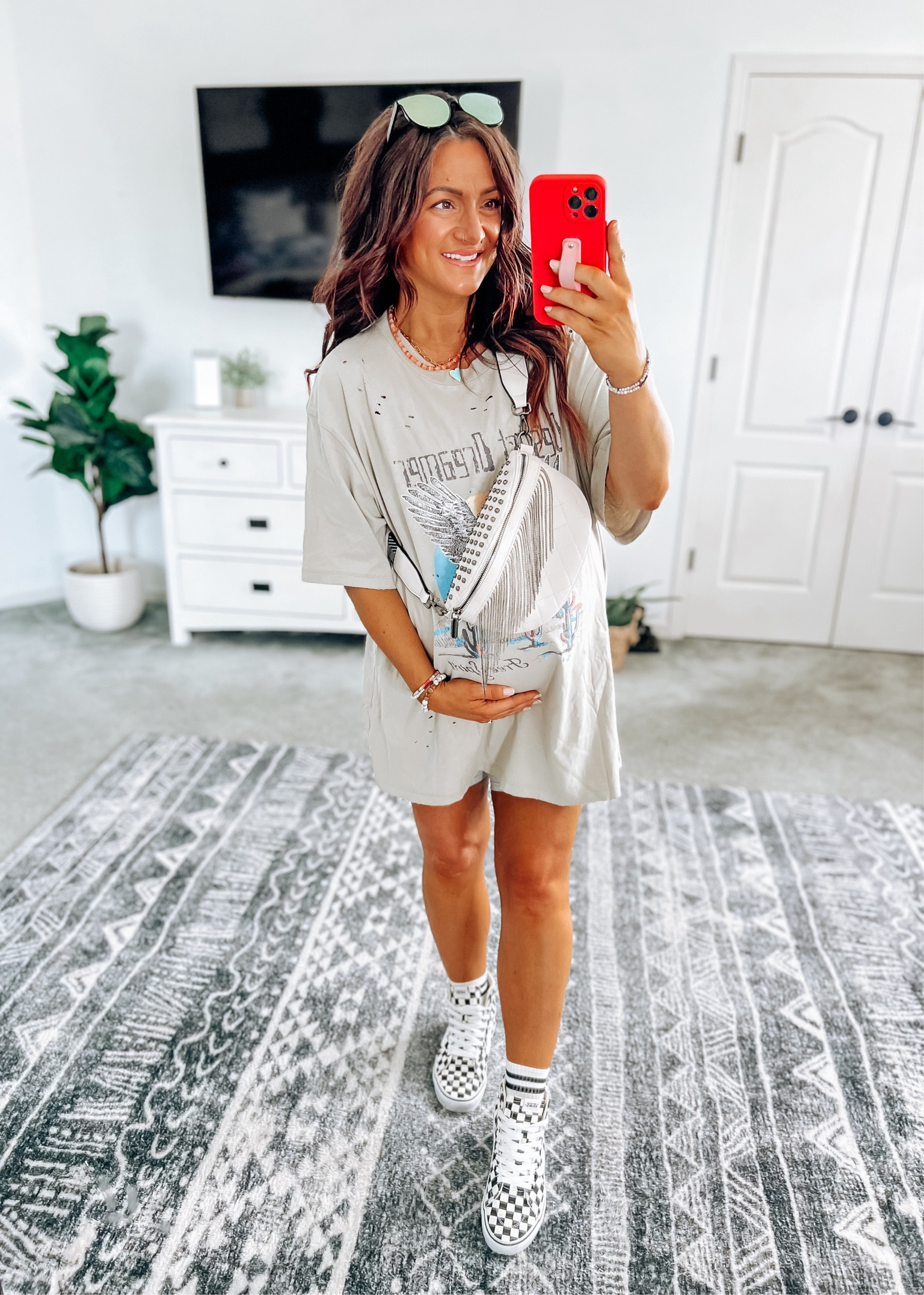 Comfy, casual, and cute bump style! Non maternity oversized graphic tee & bike shorts 👌 

#LTKFindsUnder50 #LTKBump #LTKStyleTip