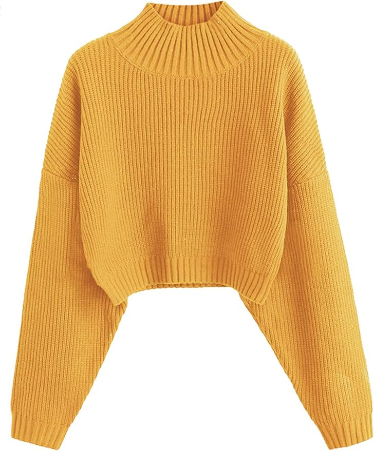 ZAFUL Women's Cropped Turtleneck Sweater Lantern Sleeve Ribbed Knit Pullover Sweater Jumper | Amazon (US)