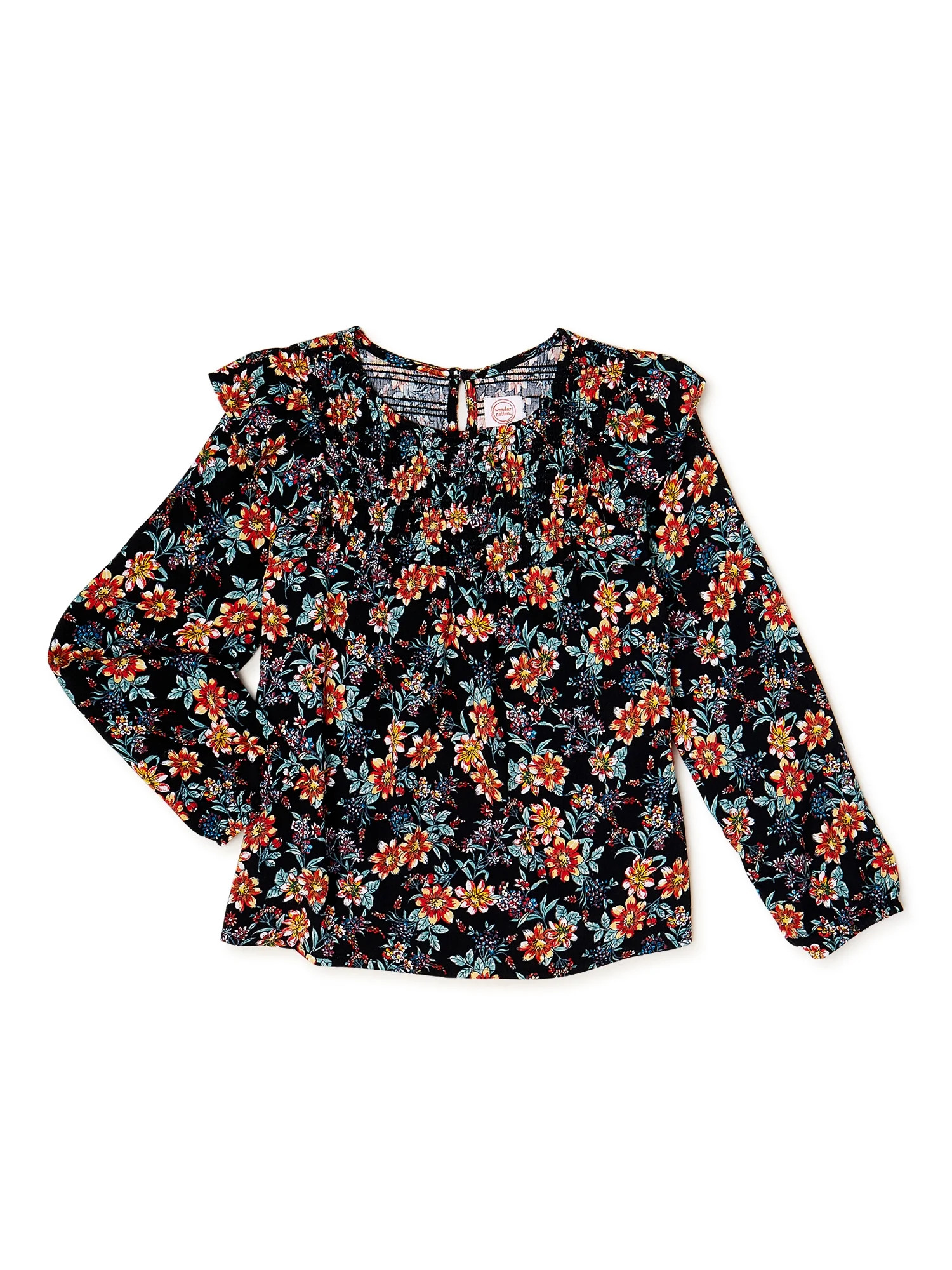 Wonder Nation Girls’ Woven Ruffle Top with Long Sleeves, Sizes 4-18 & Plus | Walmart (US)