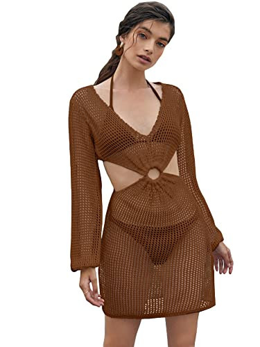 MakeMeChic Women's Crochet Cover Up Long Sleeve Knitted Swim Beach Cover Up Dress Swimwear Brown L | Amazon (US)