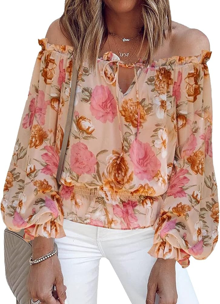 BLENCOT Summer Sexy Off Shoulder Tops for Women Boho Ruffle Sleeve Floral Chiffon Shirts Blouses | Amazon (US)