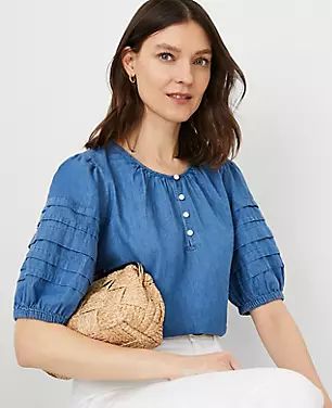 Chambray Pleated Puff Sleeve Blouse | Ann Taylor (US)
